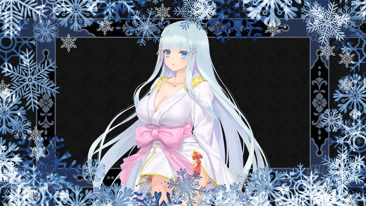 Hime in an eyecatch from the game, framed by snowflakes